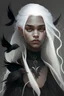 Placeholder: Young lady who is black witch and has black and littl lock white hair and great bower