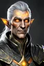 Placeholder: An old male altmer battlemage from Skyrim with golden-orange eyes, black-and-gray hair, authoritative