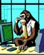 Placeholder: Generate an image of a bored ape from the Bored Ape Yacht Club collection transformed into a forex trader. The ape should be sitting at a trading desk, wearing a suit, with computer screens displaying forex charts. Use the Kadinsky model for image generation.