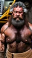 Placeholder: full figure shot photography of a ugly strong beefy serious sweat gipsy worker of a mining truck, 52 year old man, manly chest, long beard, long curly wet hair , sitting on a chair, mini boxer, bulge, big feets, big tights, sharp focus, street photo, intricate details, highly detailed, photorealistic, frontal view from the ground