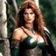 Placeholder: [high res 24k photo] Nastassja Kinski is a fierce warrior, blending the ferocity of Red Sonja with the seductive allure of Lilith, Queen of Vampires. With her hair cascading down her back, her piercing emerald eyes reflect both strength and an enigmatic depth. Clad in dark leather armor adorned with ancient symbols, she moves with an agility that belies her formidable power. Haunted by a tragic past, she wields a dual-edged sword, its blade inscribed with runes that pulse with dark energy. Nast