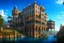 Placeholder: medieval buildings with balconies overhanging lake edge with blue sky and people, photorealism detailed matte painting, deep colour, fantastical, intricate detail, splash screen, complementary colours, fantasy concept art