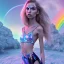 Placeholder: Sasha Luss with a VR headset running in futuristic Edimburgh on chrome water and rainbow sky