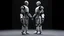 Placeholder: Create an image featuring two humanoid robots holding hands. One robot should have a shiny light gray finish, while the other should have an opaque dark gray appearance. Both robots have their heads slightly tilted downwards, giving a mechanical and somewhat contemplative look. The setting is minimalistic, focusing on the contrast between the robots' finishes and their human-like connection.