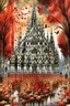 Placeholder: Milan Cathedral. Amanda Clark, Zdzisław Beksiński, Jacek Yerka and Yossi Kotler style mix, surreal whimsical autumn landscape, watercolor- fall foliage is almost over. A beautiful red maple clings to the last of its leaves and a flock of small birds nestled on its branches, watercolour and ink illustration, wet-on-wet, loose water effects, white, red and golden paint splatter, voronoi pattern, richly textured, fluffy clouds, beautiful vibrant colors, opalescent gradient. Modifiers: intricate bea