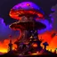 Placeholder: A fantabulous black, orange, and indigo(((mushroom tower house))) erected atop a (geologic pillar), surrounded by the uncanny imaginative ((( swirling skies))), offset by the stark hues of a (neon-tinged nebulous space scape), within. captured by the hand a skilled master painter with a focus on (softly blurred compositions and voluminous lighting).