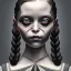 Placeholder: close up portrait of wednesday addams, fine detail, highly intricate, modern surrealism painting, defined cracks and breaks, high-quality, volumetric lighting, 8k, ultrahd, George Grie, Marco Escobedo, Igor Morski,Brian Froud, Howard Lyon, Selina French,