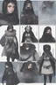 Placeholder: A dnd character sheet. A woman dressed for the cold north dressed in dark furs, with black hair. Death cleric wearing a mask, female woman girl