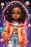 Placeholder: Create an colorful futurism comic book illustration of a chibi cartoon black female thick curvy wearing a cut of peach hoodie and white jeans and timberland boots. Prominent make up with long lashes and hazel eyes. Highly detailed shiny sister locs. Background of a large bubbles all around her