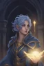 Placeholder: Dnd character in the Underdark. A female Elf twilight cleric with curly, super short, blue hair and golden eyes, wearing gray and dark blue robes. Etheral, muscular, strong.