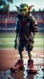 Placeholder: full figure portrait of a vampire werewolf goblin gremlin with soccer boots on wet soil in front of basketball court, in the style of Gorillaz,bokeh like f/0.8, tilt-shift lens 8k, high detail, smooth render, down-light, unreal engine, prize winning