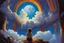 Placeholder: A child having a beautiful dream floating on a cloud painted by Michael Whelan. concept art, mid shot, intricately detailed, color depth, dramatic, 2/3 face angle, side light, colorful background