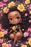 Placeholder: A sassy thick-lined airbrushed cartoon black chibi girl lounging lazily on her side, surrounded by flower petals. She has a golden lion tail curling playfully behind her curvy body. Looking up coyly, she grins widely, showing sharp lion teeth. Her poofy hair forms a mane framing her confident, regal expression.