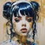 Placeholder: A portrait of a Singer Melanie Martinez face, cyberpunk, painting by Yoji Shinkawa, darkblue and gold tones,