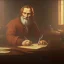 Placeholder: leonardo da vinci works in his study on a laptop at his desk. painting in photoshop. hyperdetailed, warm colors, movie poster, photoillustration, oil on canvas, lens flare