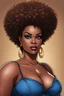 Placeholder: create a comic book art illustration of a plus size dark skinned black female wearing Tight blue jeans and a hazel brown off the shoulder blouse. Prominent make up with long lashes and hazel eyes. She is wearing brown feather earrings. Highly detailed full black tight curl afro