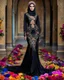 Placeholder: Full body Digital Photography art ,islamic fashion show cat walk gorgeous super model very beautiful woman iranian hijab ,dressing black luxury design colorful clothes gown made of flowers ,full of various kinds of flowers,digital photo sharp colors