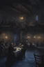 Placeholder: Winter Night, shades of blue, dark, moonlight Lots of People sitting around tables in a medieval tavern with a stone floor, add people to the chairs. Night time, dark, stars