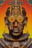 Placeholder: a beautiful full frame portrait digital painting of futuristic gaspunk, ghana kente, african symbols embossed, close-up, macro lens, centered camera, titanium accents, intricate details, small minutiae, tiny features, particulars, colorful, 8k, least ambient occlusion, volumetric lighting, volumetric clouds