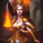 Placeholder: portrait lady fire with big bobs no top long black hairs in castle