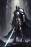 Placeholder: holy knight paladin in dark silver armor and a cape wielding a sword in abyss