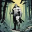 Placeholder: [comics Head Lopper style by Andrew MacLean] Towering Arnold Schwarzenegger in the enchanted forest