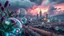 Placeholder: Dynamic cifi country side ,hypnotic of 3D structures Symmetry twisting and morphing between cifi plants , cifi flowers and metal geometric 3d structures buildings ,cifi cars, smooth translucent iridescent glass with inner glow and bubbles, varied transparent materials, stormy skies, intense dramatic