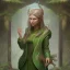 Placeholder: spray painting fantasy art, portrait cute elven priest with green clothes standing in portal to wet forest world from desert world with camels,poetry book illustration