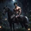 Placeholder: Hyper Realistic shirtless handsome muscular prince with short black hair sitting on a black horse with white hair in a dark jungle with fireflies at a dark night