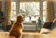 Placeholder: diffused alcohol ink painting of a golden retriever puppy in a living room looking through a bay window to the outside where kids are having a snowball fight in a suburban street, by Norman Rockwell aesthetic, dreamily nostalgic, long brush strokes, warm