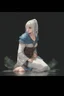 Placeholder: Dnd character on her knees. A female Aaismar twilight cleric with white hair and blue eyes, wearing gray robes. Etreal, beautiful, sexy, split dress