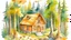 Placeholder: watercolor painting wooden home of bear in the forest cute home