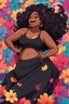 Placeholder: A sassy thick-lined abstract art style cartoon black female lounging lazily on her side, surrounded by colorful large flower petals. her curvy body silhouette a black maxi dress. Looking up coyly, she grins widely, showing teeth. Her poofy hair forms a mane framing her confident, regal expression.