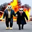 Placeholder: Create a Grainy movie still encapsulating a dramatic, gritty action scene. A white polar bear and a rough-skinned pig, both anthropomorphized and hip-looking, are the characters of focus. The polar bear is flaunting a black leather coat, and both characters sport stylish shades. The pig is smoking a cigar. They strut forward against the backdrop of a fiery explosion of an oil tanker semi truck, evoking aesthetic elements often seen in popular high-octane action films of the 2000s.