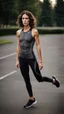 Placeholder: photography of a beautiful anorexic woman, anthracite satin triathlon top, sports illustrated, brunette short wavy bob haircut, pronounced sternum, flat chest, anthracite short leggins