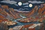 Placeholder: a dramatic painting of a lush Southwestern river canyon landscape under a pale winter moon, in the Art Brut style of Jean Dubuffet, rich natural colors, museum quality masterpiece