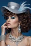 Placeholder: full body beautiful girl, elegant silver,lace clothes of the 80s, luxury style, small elegant hat with feather, hair of the 80s, pearl necklace, earrings masterful, beautiful face,blue backdrop