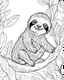 Placeholder: create a 2d black outline, "safari smiling cartoon sloth on a branch coloring book for kids", coloring page, low details design, black contour, coloring page design, simple background, colorful , card style, coloring page for kids, white background, sketch style, safari landscape, cartoon style