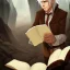 Placeholder: portrait of one calm elf with white hair in brown suit reading a legendary book, fantasy character, somber, gloomy lighting, epic perspective, trending on artstation