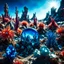 Placeholder: A striking photograh close-up captures a surreal wasteland with group of plants and glossy monsters, adorned with minerals and rocks. Bathed in intense light, eerie, giant blue sun, 8k, deep 3d field, rock formations, strong texture, extreme paranoia, hypnotic, Yves Tanguy, colours, rich moody colors, sparkles, bokeh, 33mm photography