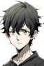 Placeholder: black anime male, teenager, black eyes, short black hair, nervous face, black shirt