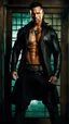 Placeholder: Jason David Frank Very muscular man with short hair and tribal tattoos piercings wearing an open necked shirt and black jacket dark fantasy standing in a doorway