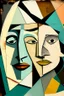Placeholder: Faces of two friends made with mid-century modern collage Picasso style