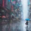 Placeholder: behind photo A young boy walking streets in tokyo post apocalyptic, rain