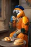 Placeholder: Half parrot half human in a 1700s Orange Dutch uniform eating a bagel in a Dutch cafe