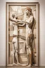 Placeholder: Mother holds her son , cubism a tall slender woman is standing in front of a large white picture frame displayed on the wall of an art gallery. The frame is traditional in style but looks like and has the texture of white clay. Her arms are outstretched like da vinci’s vetruvian man, and the length of her arms and body corresponds to the width of the picture frame. Her feet are perched on a surreal small shadow rock and it looks like she is floating above calm water. The picture is without canva