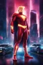 Placeholder: Donald Trump as 'Maga Man,' Extremely Muscular, Skintight, formfitting, crimson suit, blue cape, silver boots, Multicolored vortex, neon lit futuristic cityscape, mist, fog, speed, extremely overexaggerated musculature, "MAGA MAN"