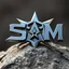 Placeholder: The word ‘ SAM ‘, made of sharp blade metal, stylized font, fixed on top of a rock, close up photo, lustrous, shiny, ninja star