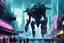 Placeholder: cities of the future cyberpunk in the center of the monster stands on its hind legs