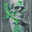 Placeholder: a head and shoulders portrait of a skeleton dressed in a three-piece suit as the president of the united states, based on us currency, united states one dollar bill, shades of green, real-life, colors match the united states one dollar bill, realistic, robotic, black and white